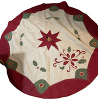 Christmas Tree Skirt Applique 70” Round Holly Star Poinsettia Cottage Farmhouse - £31.32 GBP