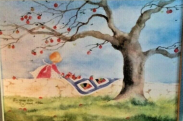 Tori Jonas Watercolor Print Girl Picnicking Under An Apple Tree 1986 - £31.96 GBP