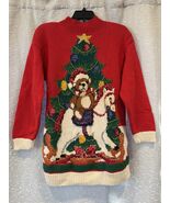 Vtg Casual Corner Red Hand Knit Christmas Sweater Rocking Horse Bear Medium - $111.74 CAD