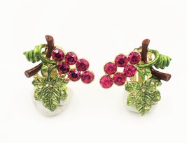 Vintage Grape Leaf Fuschia Rhinestone Faux Pearl Earrings Made with Swarovski - £7.81 GBP