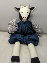 Fabric Country Cow Plush decor handmade doll blue overalls red hearts FL... - £27.68 GBP