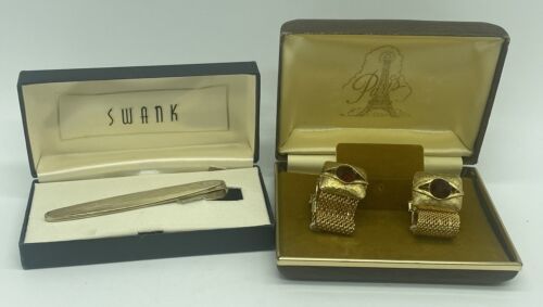 Mesh Cufflinks Set Paris Gold Tone Wedding Accessories Vintage & Swank Tie Tac - £18.67 GBP