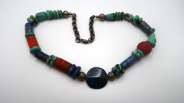 Vintage Southwestern Handmade Sterling Silver Turquoise Lapis Coral Necklace 18&quot; - £88.20 GBP