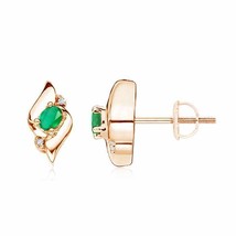 Natural Emerald Oval Stud Earrings with Diamond in 14K Gold (Grade-A , 4x3MM) - £410.61 GBP