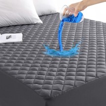 Queen Grey Quilted Fitted Mattress Pad Waterproof Breathable Cover Protector - £28.02 GBP