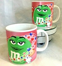 M & M Green Set of 2 Love coffee mugs Hearts in red pink & Blue colors 12Oz - $9.85