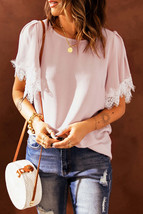 Pink Satin Lace Flutter Sleeve Top - £13.62 GBP