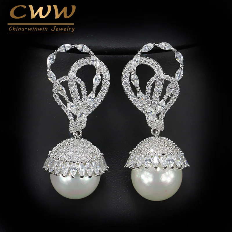 Elegant Shape Silver Color CZ Stone Paved Dangling Round Big Pearl Drop Earring  - £21.39 GBP