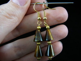 (EE-478-22) triangle Brown tiger&#39;s eye tiger stone beads dangle earrings gold - £12.69 GBP