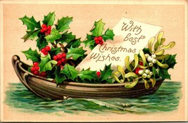 Holly Mistletoe Boat With Best Christmas Wishes Embossed 1911 Postcard  - $3.91