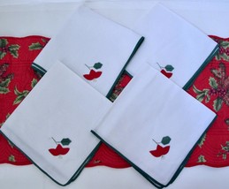 4 Vintage Hand Applique Red Poinsettia Napkins White Green Trim Embroidered - £14.93 GBP