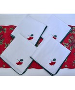 4 Vintage Hand Applique Red Poinsettia Napkins White Green Trim Embroidered - £14.83 GBP