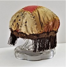 antique victorian PIN CUSHION on GLASS STAND stuffed QUILT FABRIC - $68.26