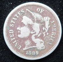 1881 3 Three Cent Nickel nice Band lines. - £24.10 GBP
