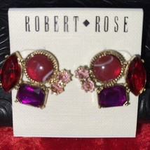 Vintage Robert Rose Rhinestone Earrings Gold Tone Purple Red &amp; Pinks New - £9.02 GBP