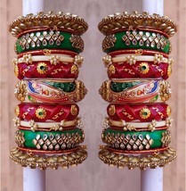 Indian Style Kundan Chura Bridal Acrylic Gold Rajwadi Wedding Dulhan Bangle Set - £161.39 GBP