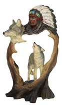 Rustic Howling Wolves And Indian Chief In Headdress Forest Scene Cutout Figurine - £23.24 GBP