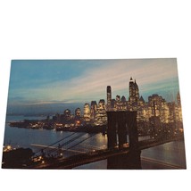 Postcard Nightfall In Lower Manhattan With Brooklyn Bridge New York City Chrome - £5.44 GBP