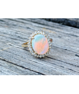 Natural Fire Opal &amp; Diamond Halo 14K Yellow Gold Ring - £1,928.14 GBP