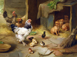 Framed Canvas Art Print Giclee Farmyard Offspring Farm Chicken Puppies Antique - £31.64 GBP+