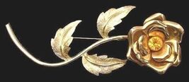 Vintage RETRO Pin Goldtone Rose  Rhinestone Brooch 1950S  Large  4 12 Long - $25.69