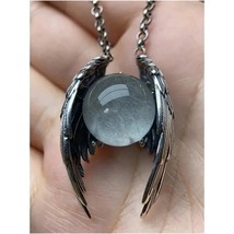 Gothic Angel Wing Pendant Necklace – Moonstone-Style Orb in Black Antiqu... - $15.00