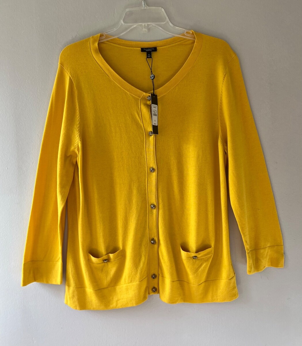 Talbots Sz XL Yellow Classic Stretch Cardigan Sweater Front Pockets Butt... - $30.10