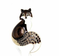 Vintage Look Gold Plated LUCKY Black Fox Brooch Suit Coat Broach Collar Pin B23C - £16.21 GBP