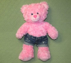 Build A Bear Pink Teddy w/DENIM J EAN Shorts Sparkle Jewel Button 17&quot; Plush Toy - £17.98 GBP