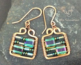 Handmade copper earrings: square frame wire wrapped with square aqua glass beads - £22.02 GBP