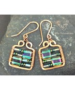 Handmade copper earrings: square frame wire wrapped with square aqua gla... - £21.92 GBP