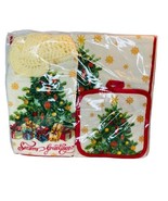 Season’s Greetings Vintage Christmas Kitchen Set Towel Potholder Hanging... - £16.07 GBP