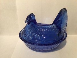 Vintage Glass Blue Nesting Hen Chicken on Nest Split Tail Basket SEE DESCRIPTION - £30.05 GBP