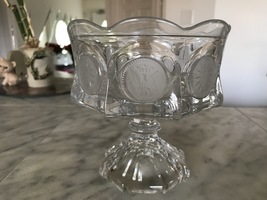 Vintage Fostoria Clear Glass 1887 Eagle Torch Coins Compote Bowl 5.5H - £15.46 GBP