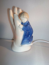 Gifts of Faith Porcelain PRAYING HANDS &amp; ANGEL Blue Beige Light Up Figur... - $19.79
