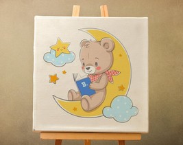Cute Cartoon Bear on The Moon Canvas Print Nursery Wall Decor Kids Room Wall Art - £46.28 GBP