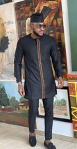 Black with Gold Embroidery Men&#39;s Long Sleeve Shirt and Pants African Clo... - $85.00+