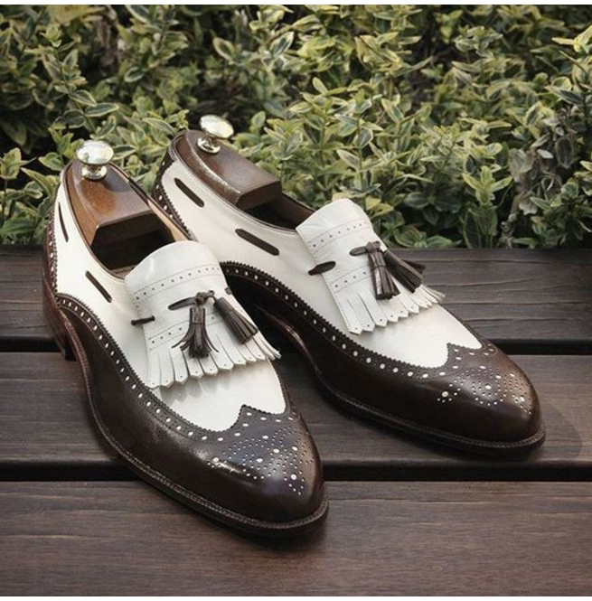 NEW Handmade White Brown Shoes, Men's Leather Lace Up Spectator Wingtip Formal S