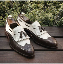 NEW Handmade White Brown Shoes, Men&#39;s Leather Lace Up Spectator Wingtip Formal S - £116.91 GBP