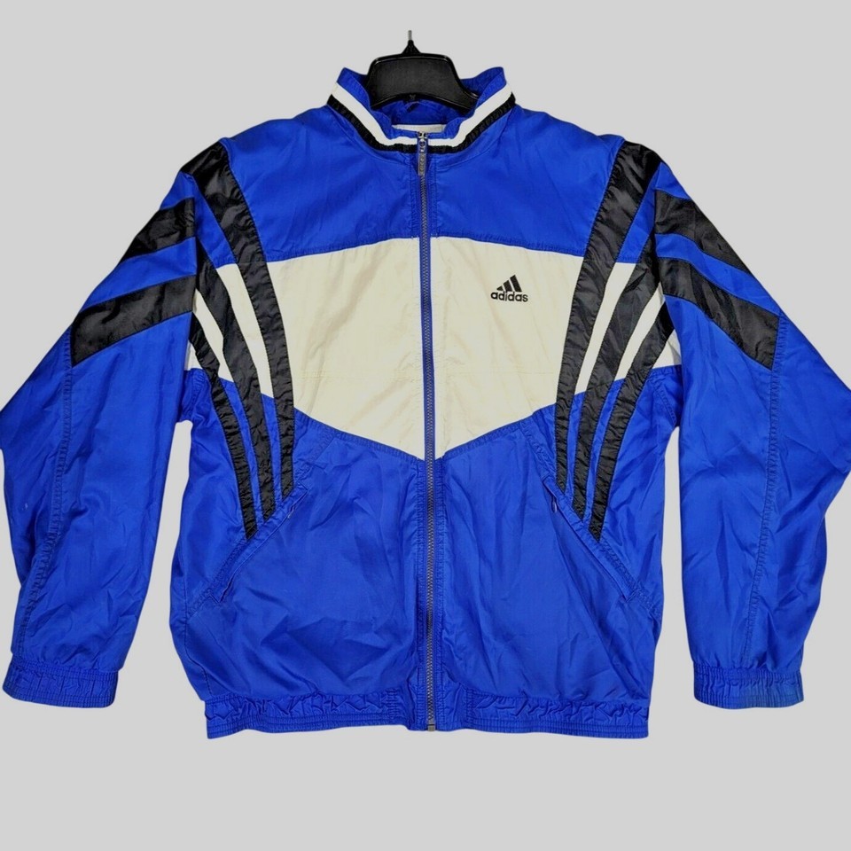Adidas Jacket Adult M Windbreaker Blue White Zip Striped 90&#39;s Colorblock... - $59.97