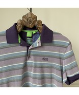 Hugo Boss Green Athleisure Pique Purple Stripe Cotton Polo Golf Shirt L - $47.61 CAD