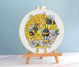 Beehive cross stitch flowers pattern pdf - Round embroidery honeycomb chart - $9.69