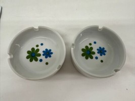 VTG Ash Tray Blue/Green Daisy Flower Power MCM Round Porcelain Lot Of 2 - £23.32 GBP
