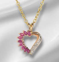 18K Gold Genuine Pink Ruby July Birthstone Heart Charm Pendant 24&quot; - £102.39 GBP