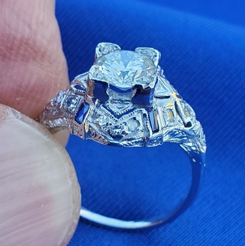 Earth mined Diamond Sapphire Deco Engagement Ring 1ct Vintage Platinum Statement Item image 7