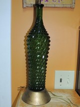 Vintage Table Lamp 29&quot; Green Twisted Diamond pattern Glass mid century b... - $58.49