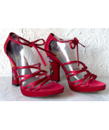 JLo Red Satin Strappy Tie Sandals Embroidered Floral High Heels-Women&#39;s ... - $903.42 MXN