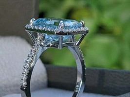 2.30Ct Emerald Simulated Aquamarine Halo Diamond Ring 14K White Gold Plated - £68.90 GBP