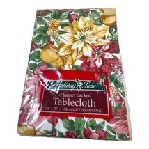Vintage Poinsettia Holiday Time Christmas Tablecloth 52 X 70” Vinyl Flannel back - £26.22 GBP