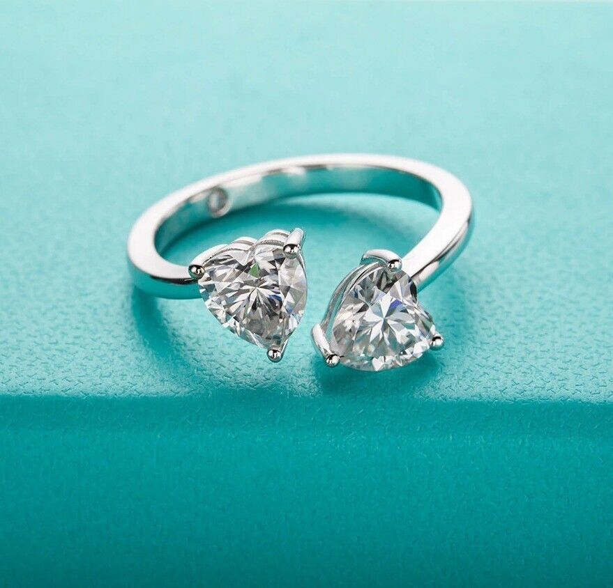 18K 925 Sterling Silver 2CT Heart Cut Adjustable Moissanite Ring (Size M/L/XL)